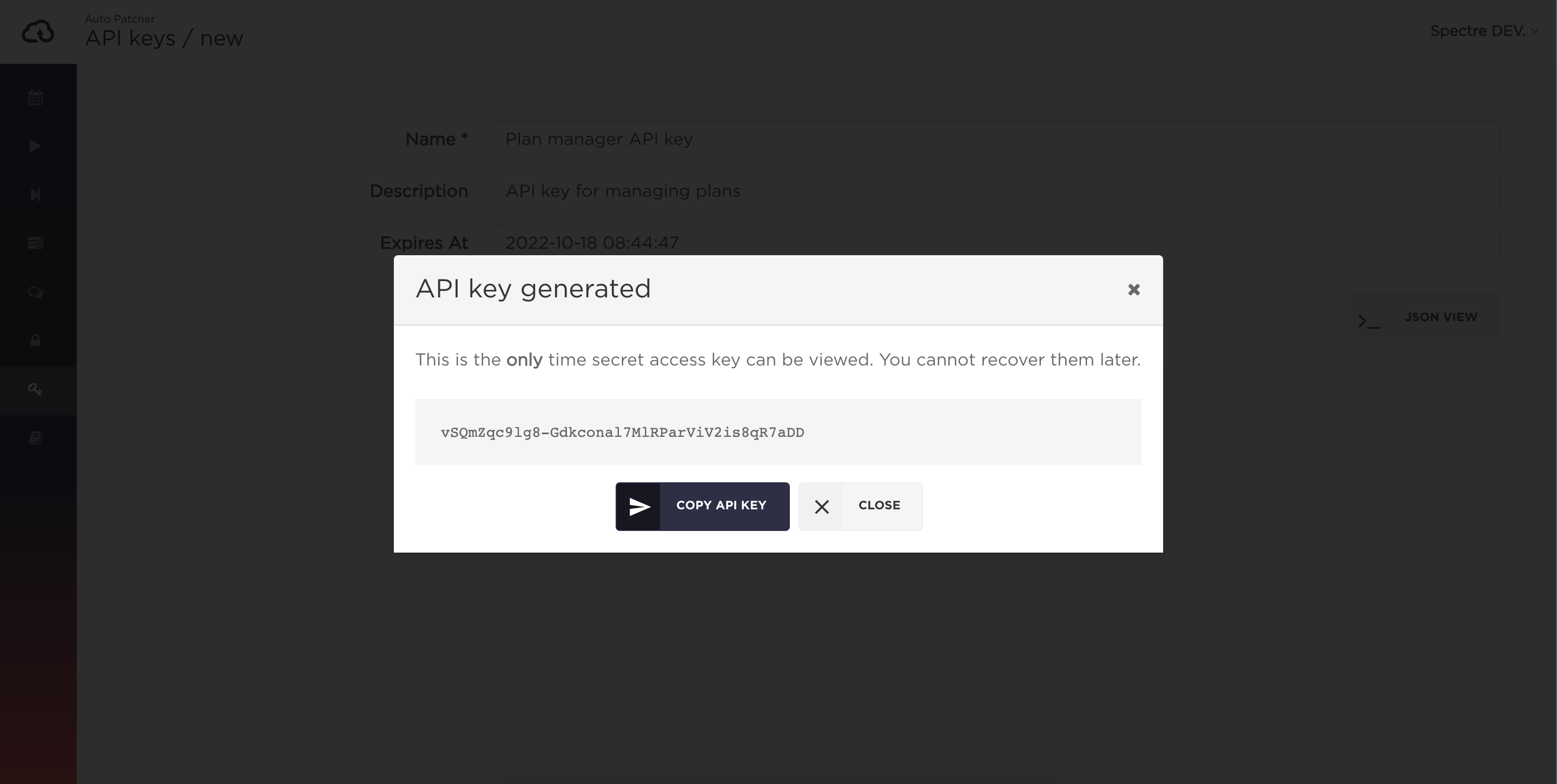 API keys creation modal